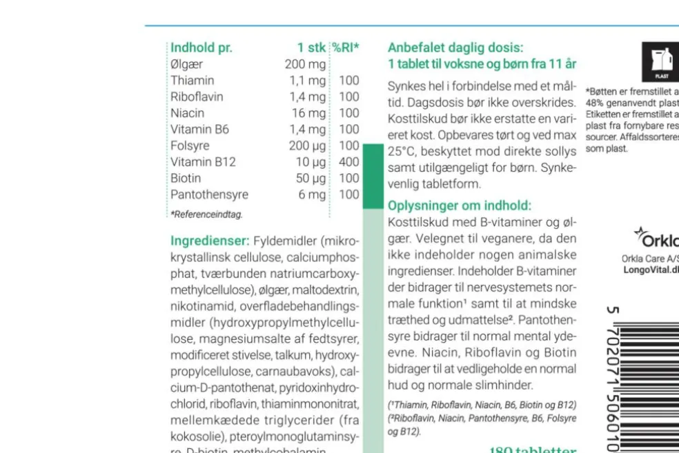 B-Vitamin - B-komplet, alle B-vitaminer + Ølgær
