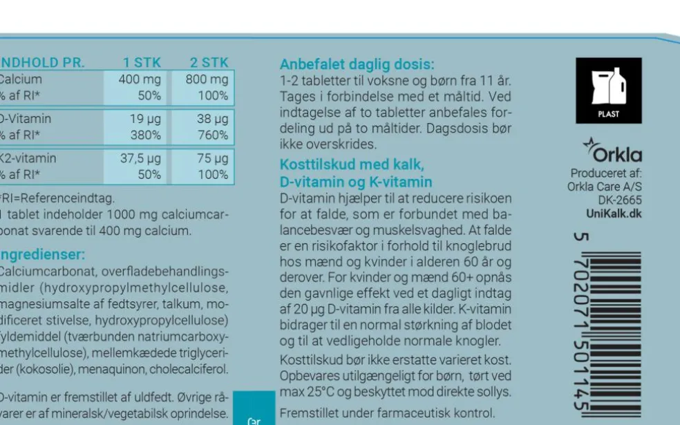 Forte K2 - Kalk 400 mg, K2 37,5 µg og D-vitamin 19 µg